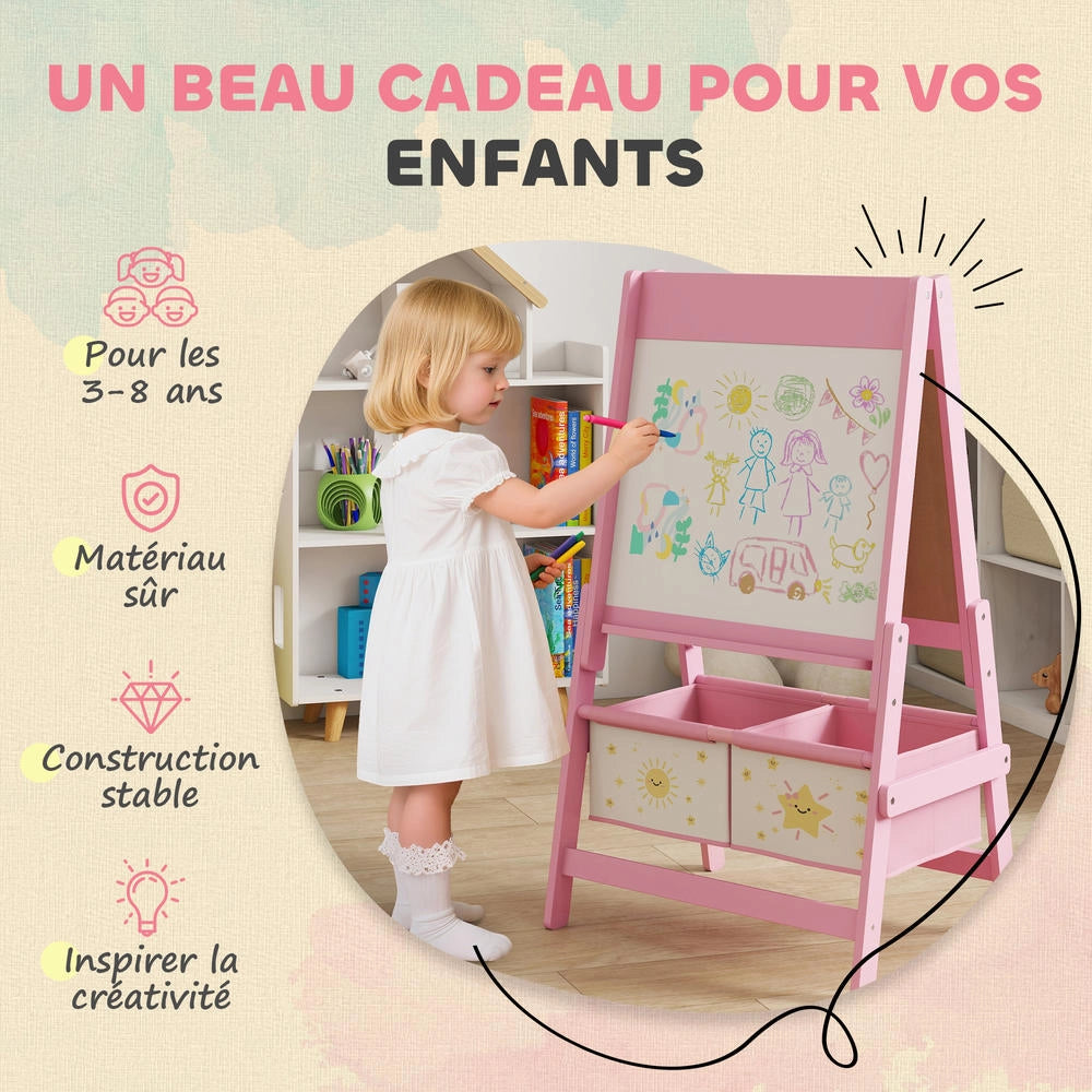Lavagna per bambini 3 in 1 cavalletto a doppia faccia in legno e MDF rosa con rotolo di carta robusto 54 x 46 x 94 cm