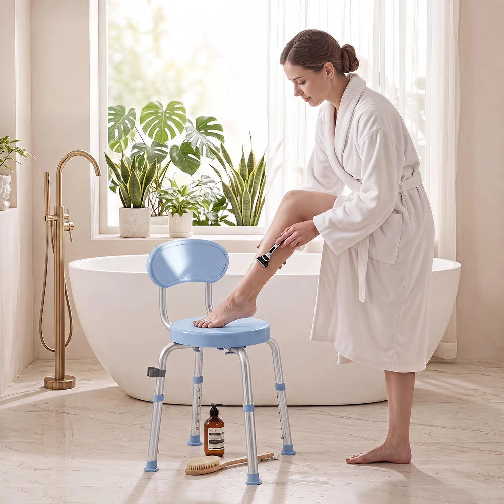 Sgabello da doccia girevole 360° con schienale e altezza regolabile 5 livelli sedile in alluminio blu