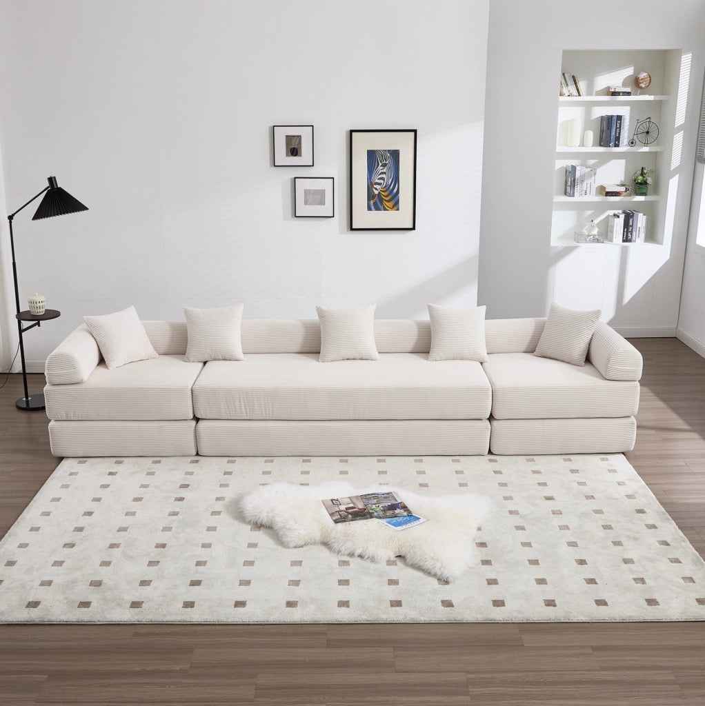 Divano modulare IVMEU 270x180x64 cm trasformabile in divano letto, in velluto a coste beige con tasca laterale