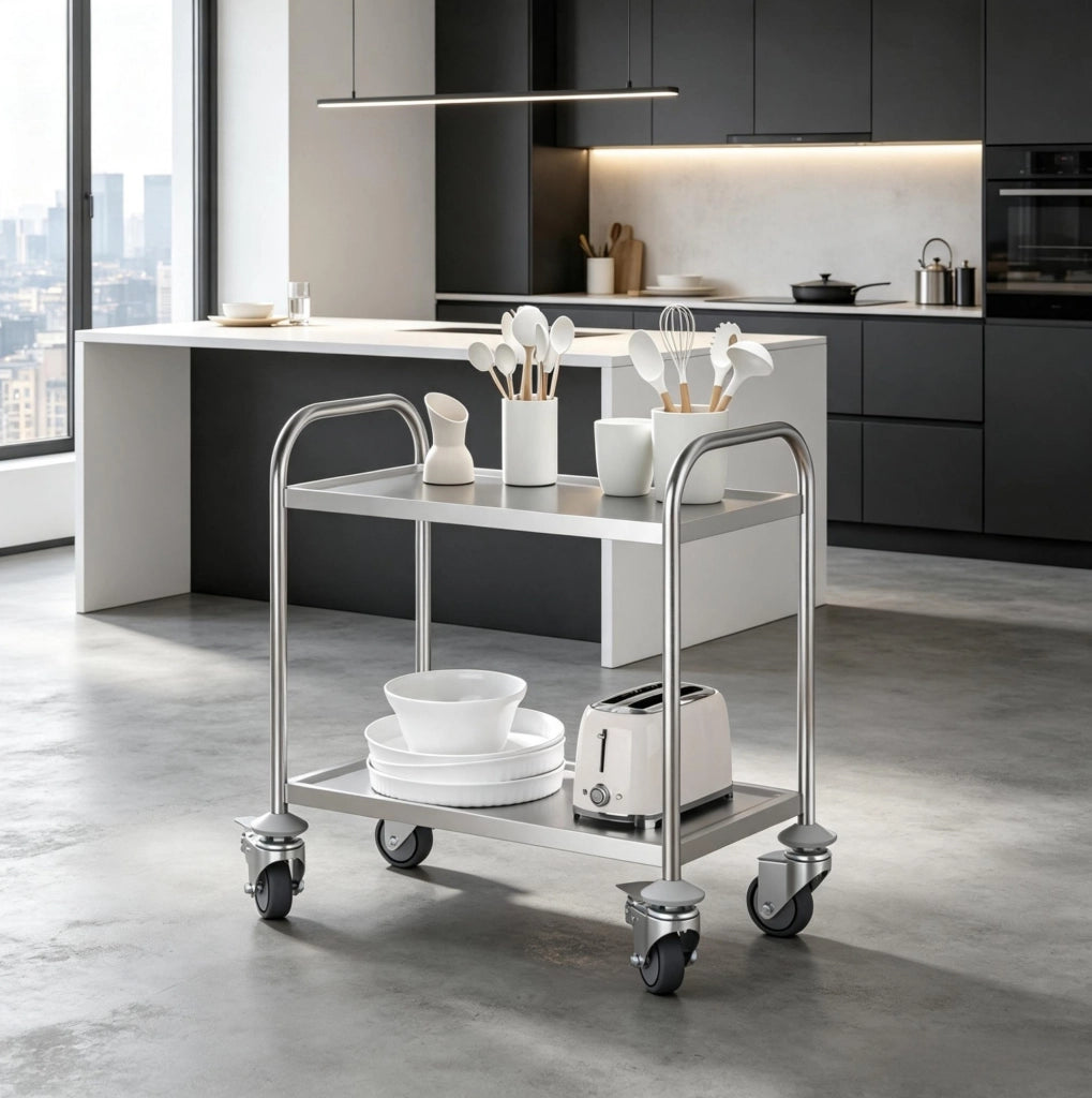 Carrello da cucina in acciaio inox con 2 ripiani e ruote girevoli