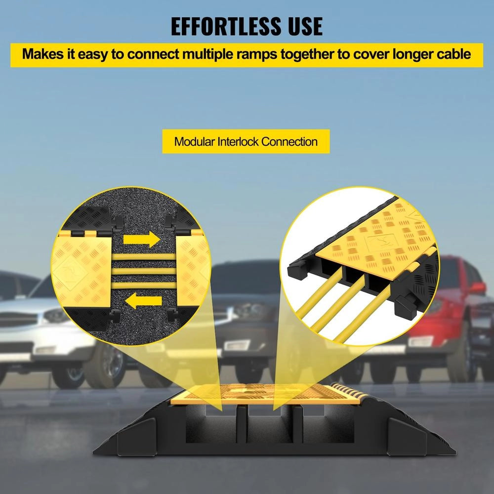 Rampa Passacavo da Pavimento a 3 Canali in Gomma e PVC Pedana Protettiva Carrabile per Cavi Elettrici Nero e Giallo 94,5x50x8 cm