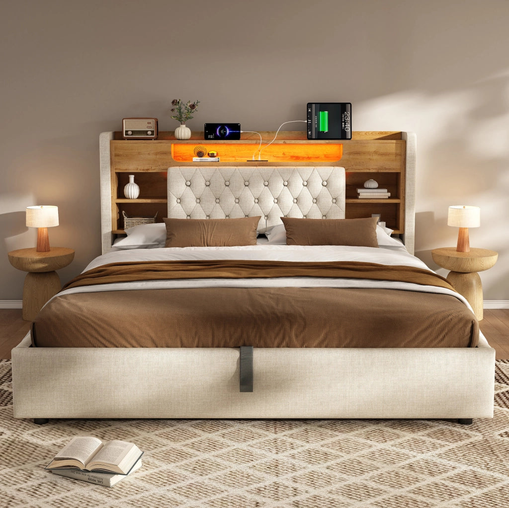 Letto contenitore idraulico 160 × 200 cm con LED; USB e USB-C; testiera con ripiani; lino beige