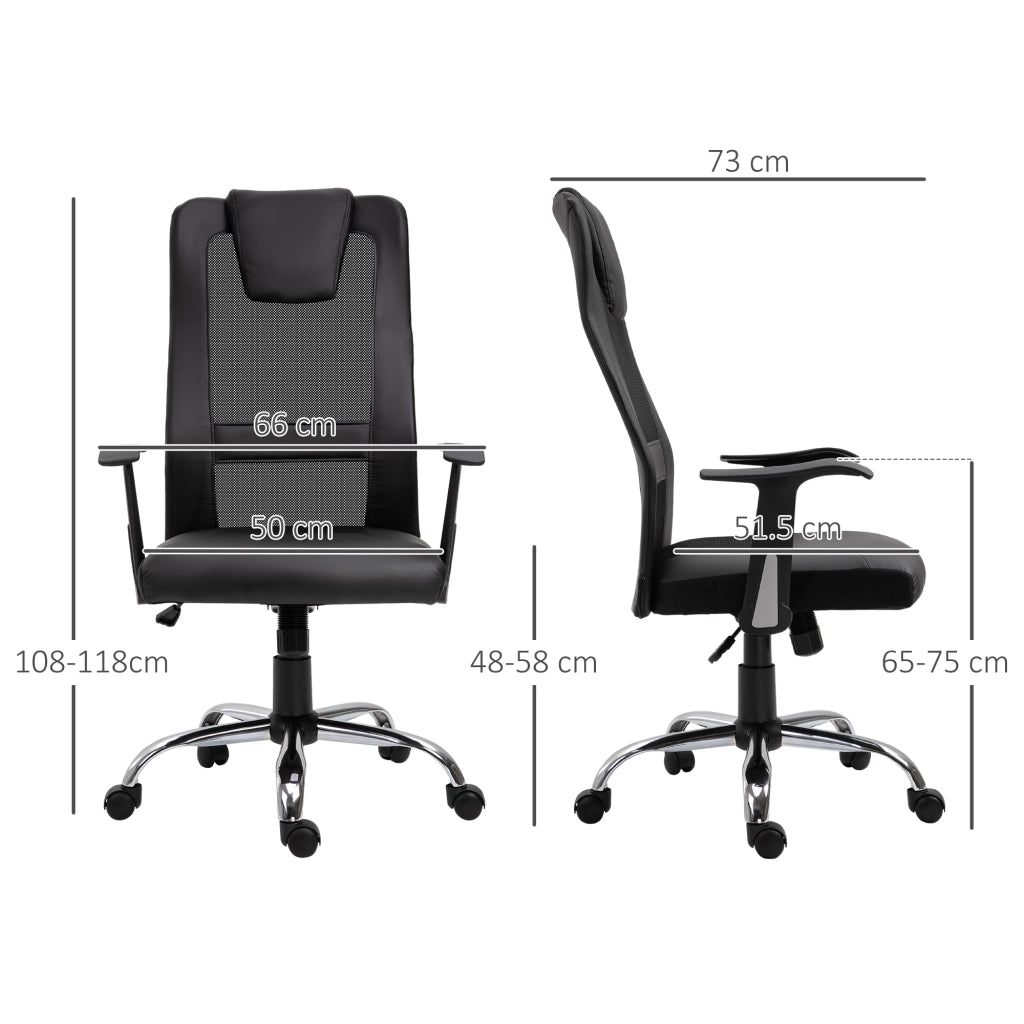 Sedia da ufficio ergonomica con braccioli; altezza regolabile; schienale in rete e rivestimento in similpelle; 66x73x108-118 cm; nera