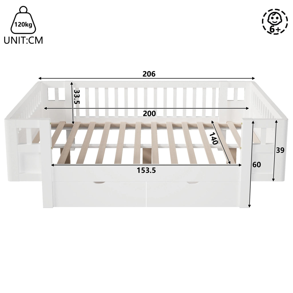 Letto per bambini 140 x 200 cm bianco con sponde e 2 cassetti