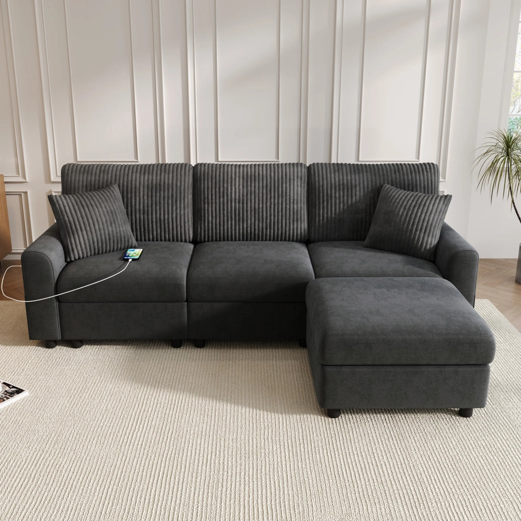 Divano 223x146 cm in ciniglia e velluto a coste grigio con USB e USB-C