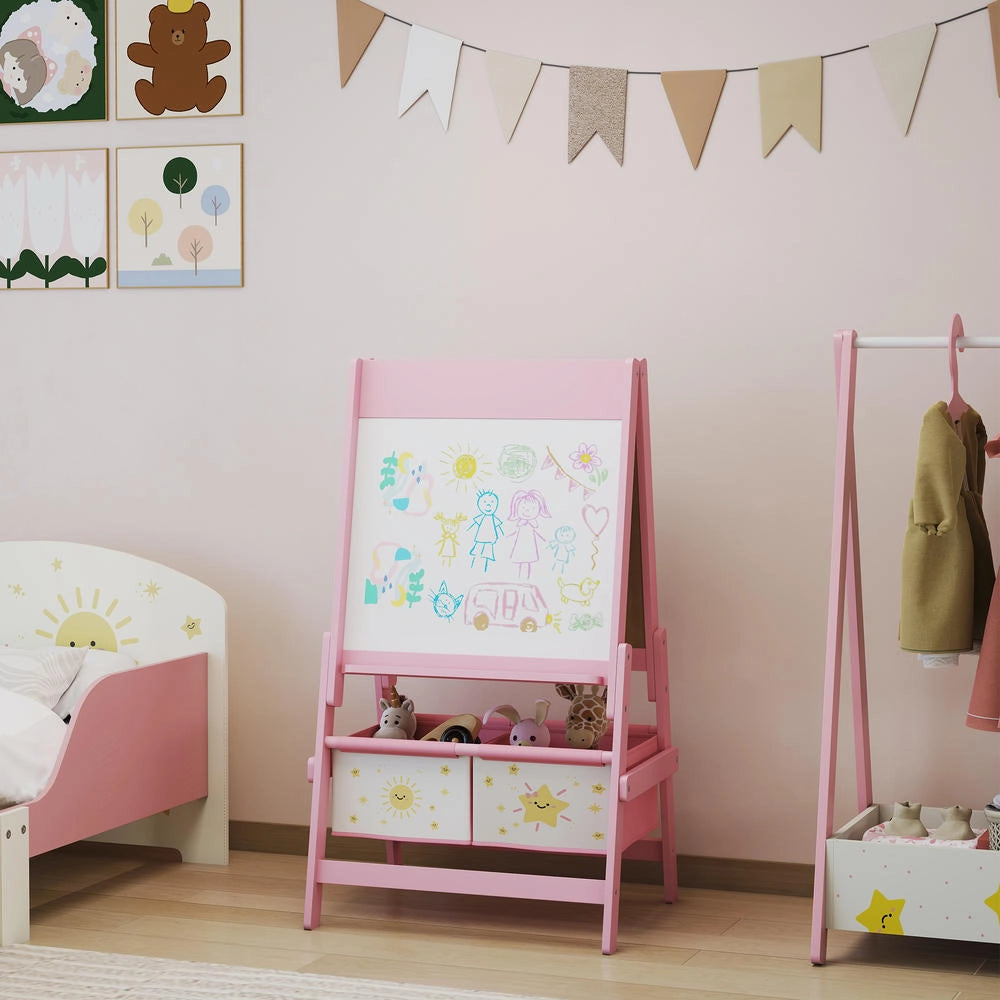 Lavagna per bambini 3 in 1 cavalletto a doppia faccia in legno e MDF rosa con rotolo di carta robusto 54 x 46 x 94 cm