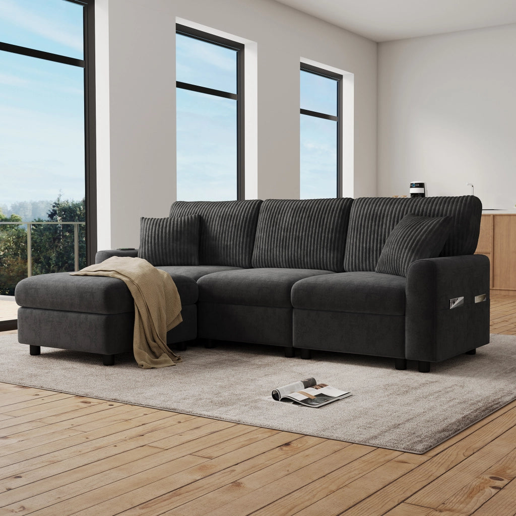 Divano 223x146 cm in ciniglia e velluto a coste grigio con USB e USB-C