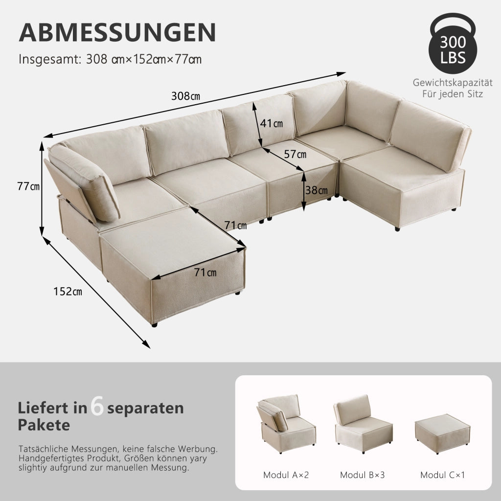 Divano angolare modulare 308x152x77 cm combinabile in legno beige