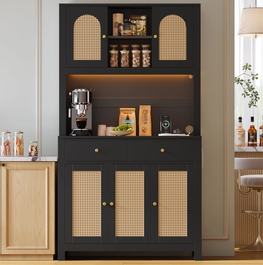 Mobile alto da cucina nero in MDF con LED RGB e prese, 100x40x180 cm