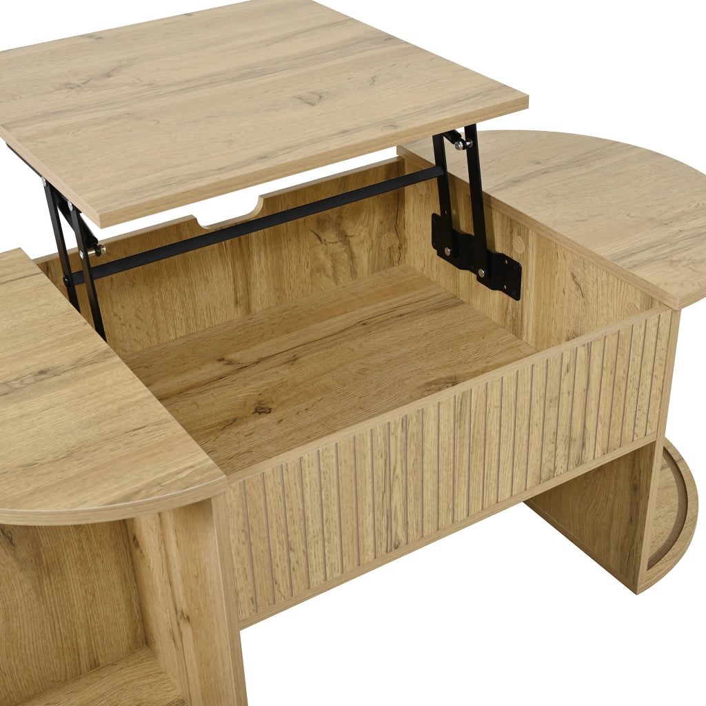 Tavolino da salotto ovale 100 × 50 × 40,5 cm con piano regolabile ante scorrevoli in MDF color rovere e ripiani aperti