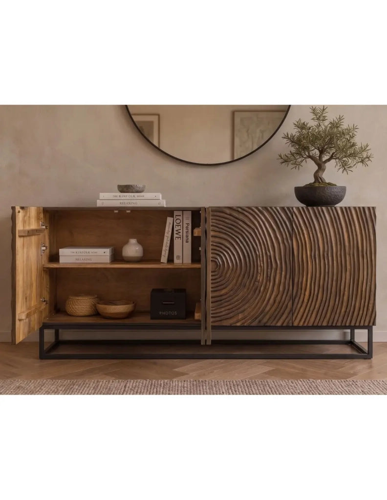 Buffet ZENWOOD 160 cm in legno di mango scuro – 4 porte scolpite, marrone e nero