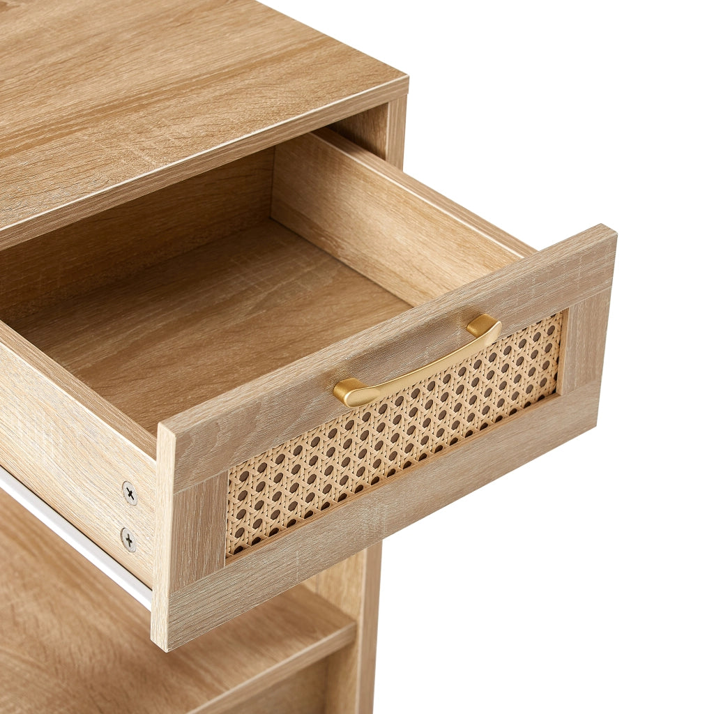 Comodino con 1 cassetto, finitura effetto rattan, in MDF naturale, per camera da letto e soggiorno, 40 × 40 × 55 cm