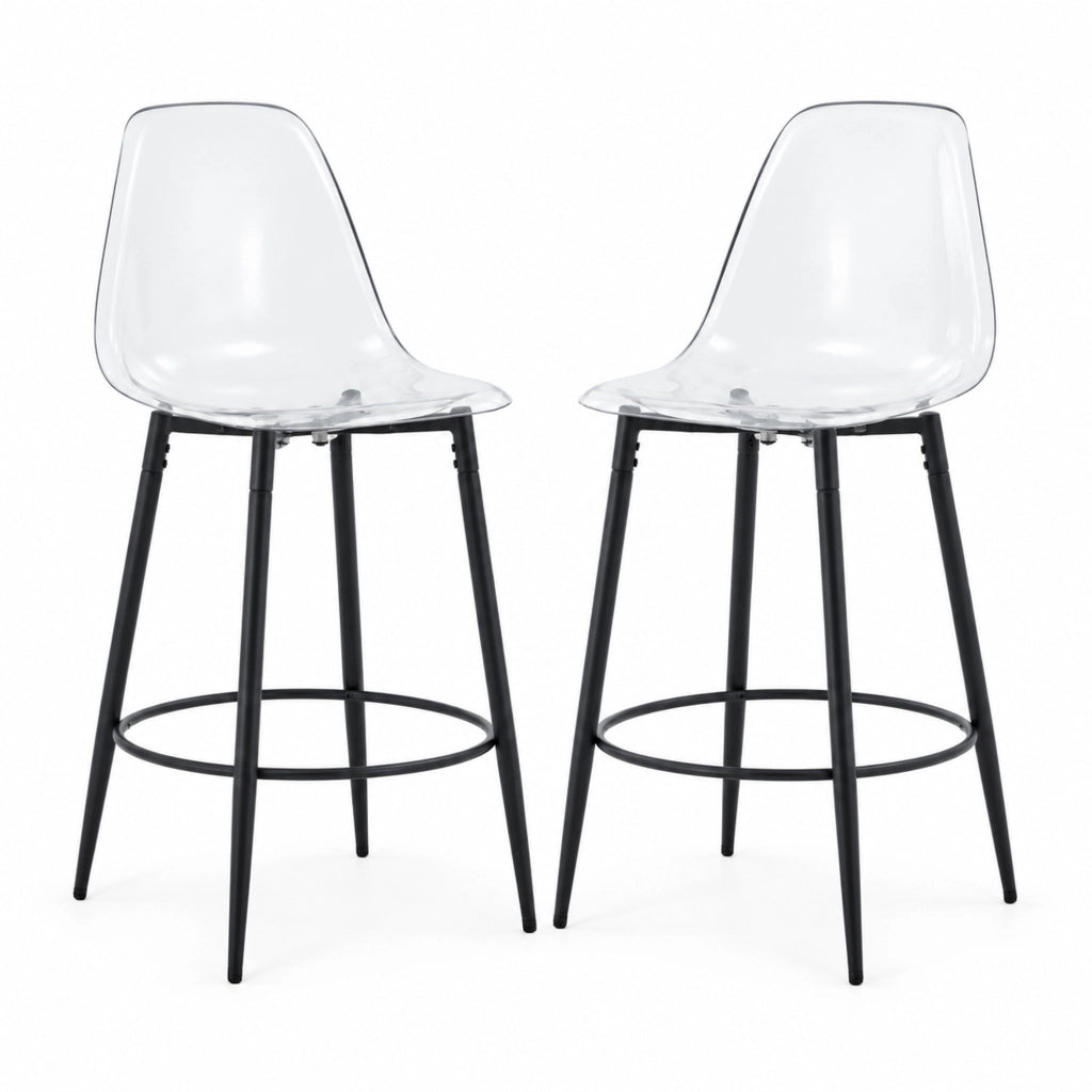 Set di 2 sgabelli da bar con schienale trasparente in metallo e plastica nero e trasparente