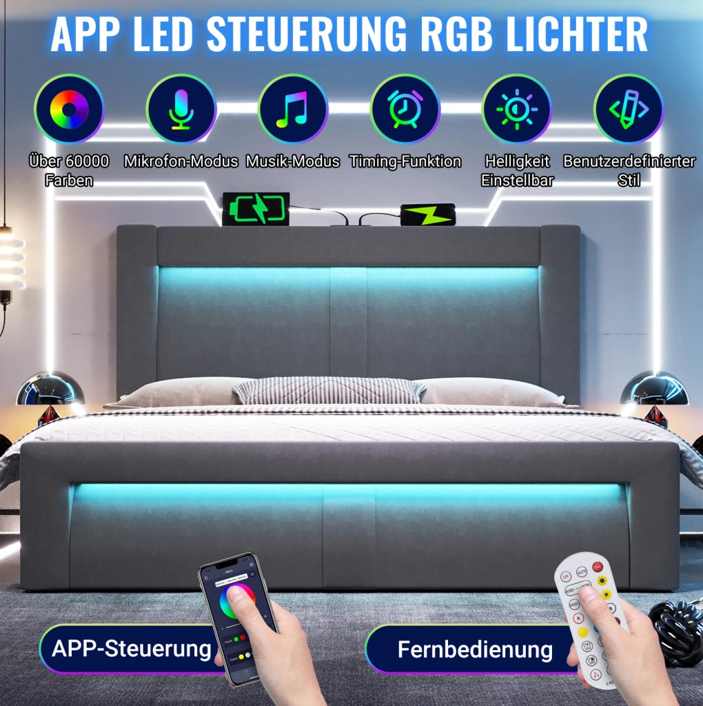 Letto contenitore 180 × 200 cm con LED; USB e Type-C; velluto grigio