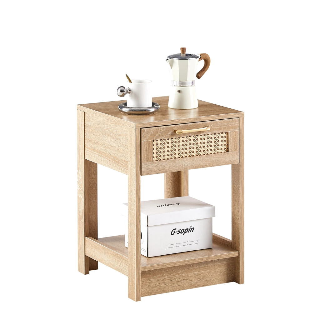Comodino con 1 cassetto, finitura effetto rattan, in MDF naturale, per camera da letto e soggiorno, 40 × 40 × 55 cm
