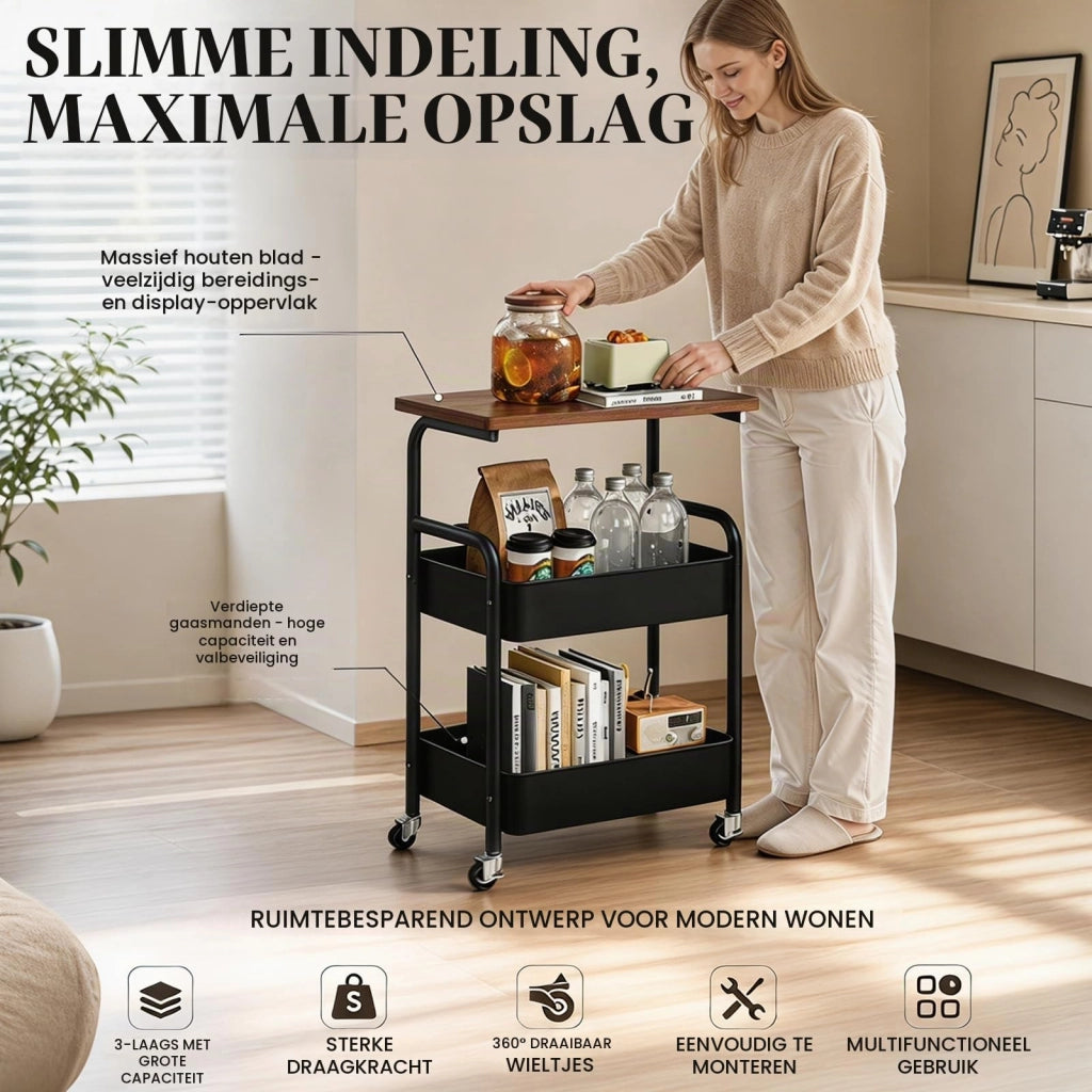 Carrello da cucina a 3 ripiani, carrello mobile, 43x30x77 cm, nero