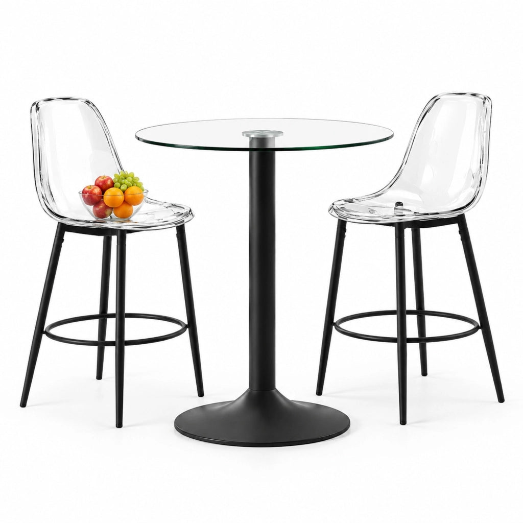 Set da bar 3 pezzi con piano in vetro trasparente; metallo nero e plastica trasparente
