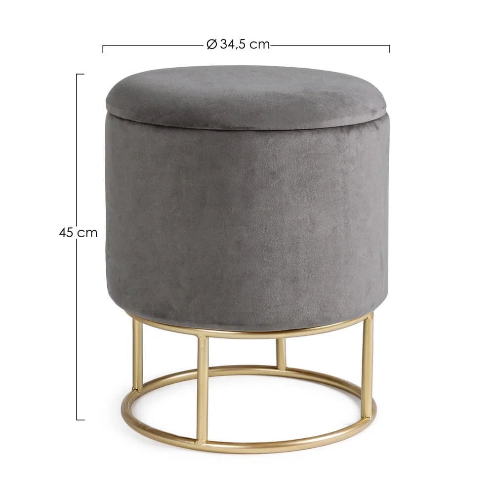 Sgabello Contenitore Rotondo in Velluto con Base Dorata Serena Grigio