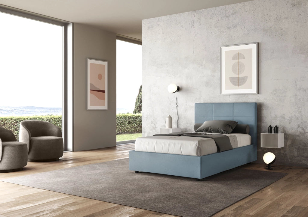 Letto una Piazza e Mezza Imbottito in Microfibra 130x190 Con Rete Mika Azzurro