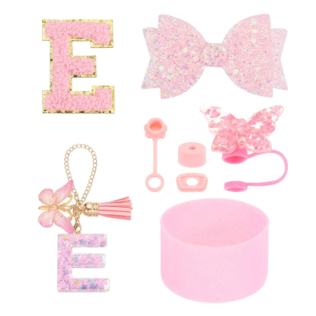 Set di accessori per bicchieri, 8 pezzi, rosa, in silicone, con la lettera "E"