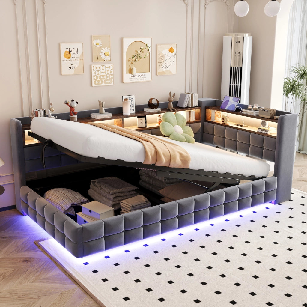 Divano letto imbottito 90 × 200 cm con vano idraulico ripiani LED prese USB e Type C in velluto grigio