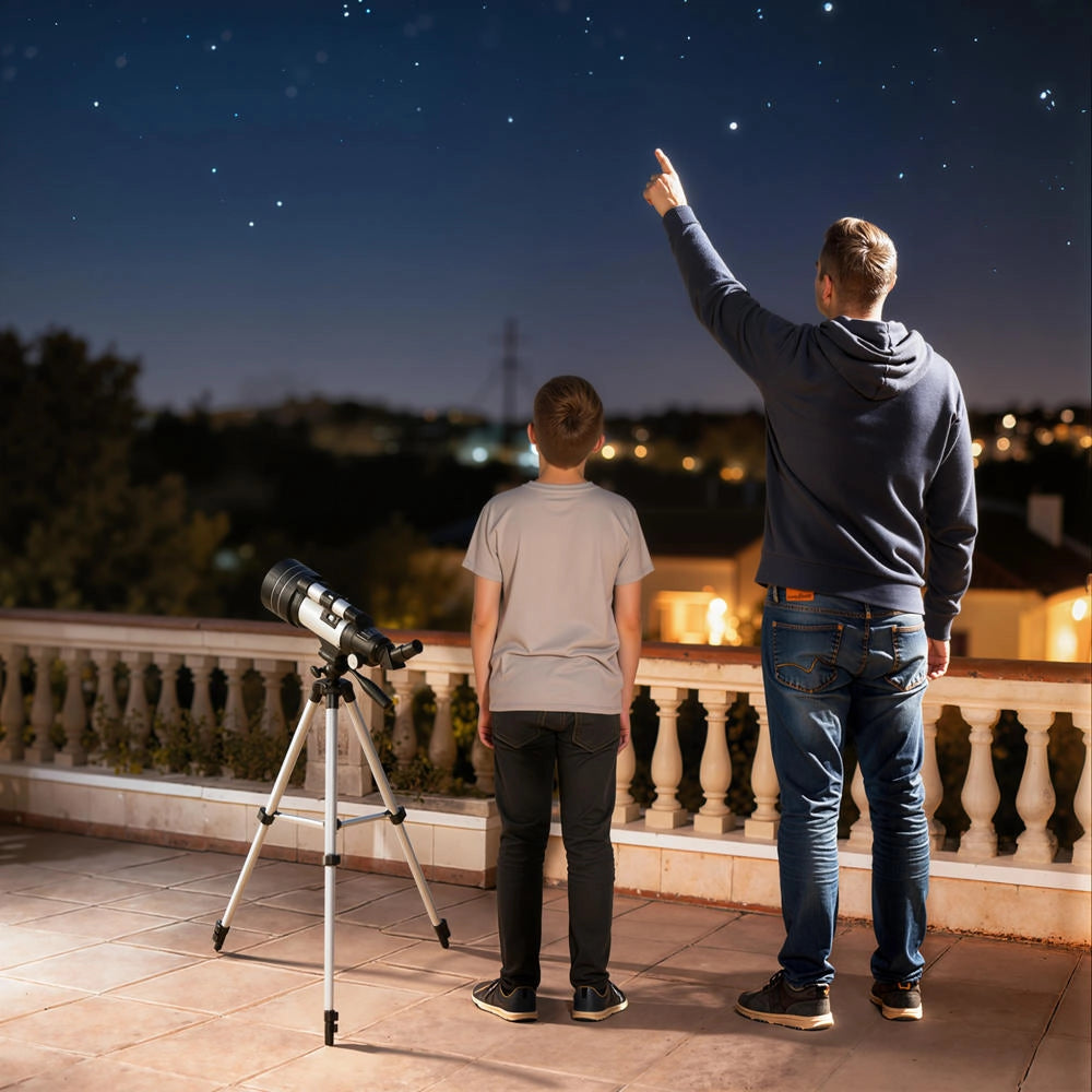 Telescopio Astronomico Rifrattore 70 mm con 3 Oculari 100X 50X 30X, Montatura AZ 300 mm, 76x76x133 cm, Bianco