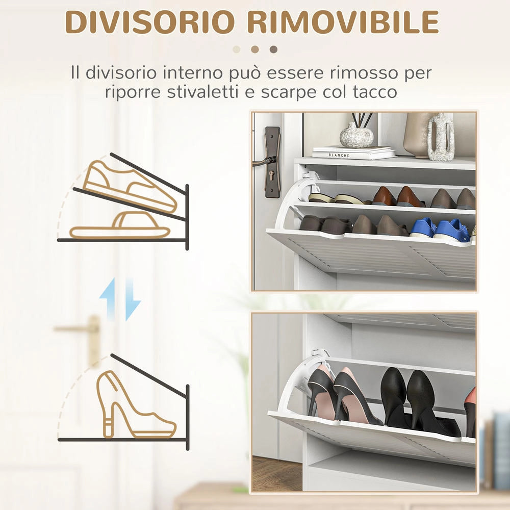 Mobile Scarpiera Salvaspazio in Legno Bianco per 16 Paia di Scarpe con 2 Ante a Ribalta, 81.5x25x83cm, per Casa