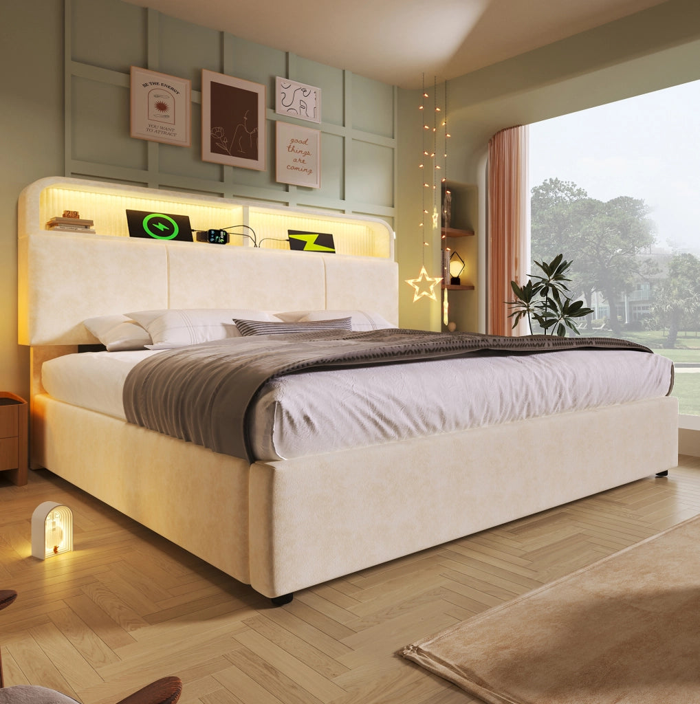 Letto matrimoniale contenitore 160 × 200 cm con testiera regolabile; LED; USB e USB-C; velluto beige