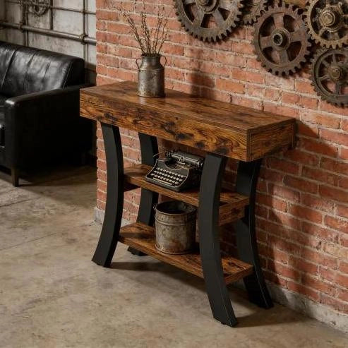 Consolle ingresso 105x30x80 cm con 3 ripiani in MDF e metallo; nero e marrone rustico