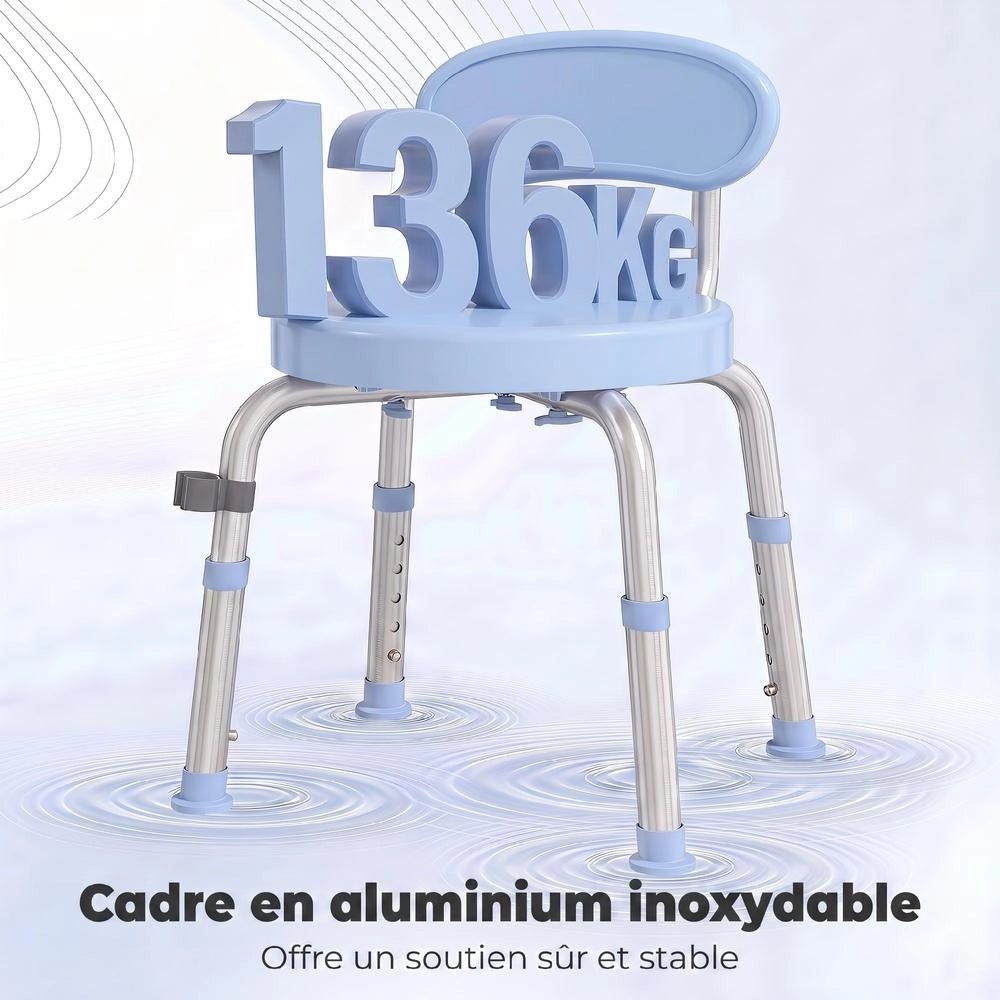 Sgabello da doccia girevole 360° con schienale e altezza regolabile 5 livelli sedile in alluminio blu