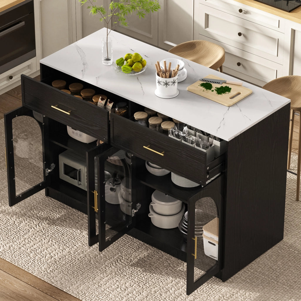Isola da cucina nera con illuminazione LED, ampio piano di lavoro, ante in vetro e cassetti regolabili 135x55x91 cm
