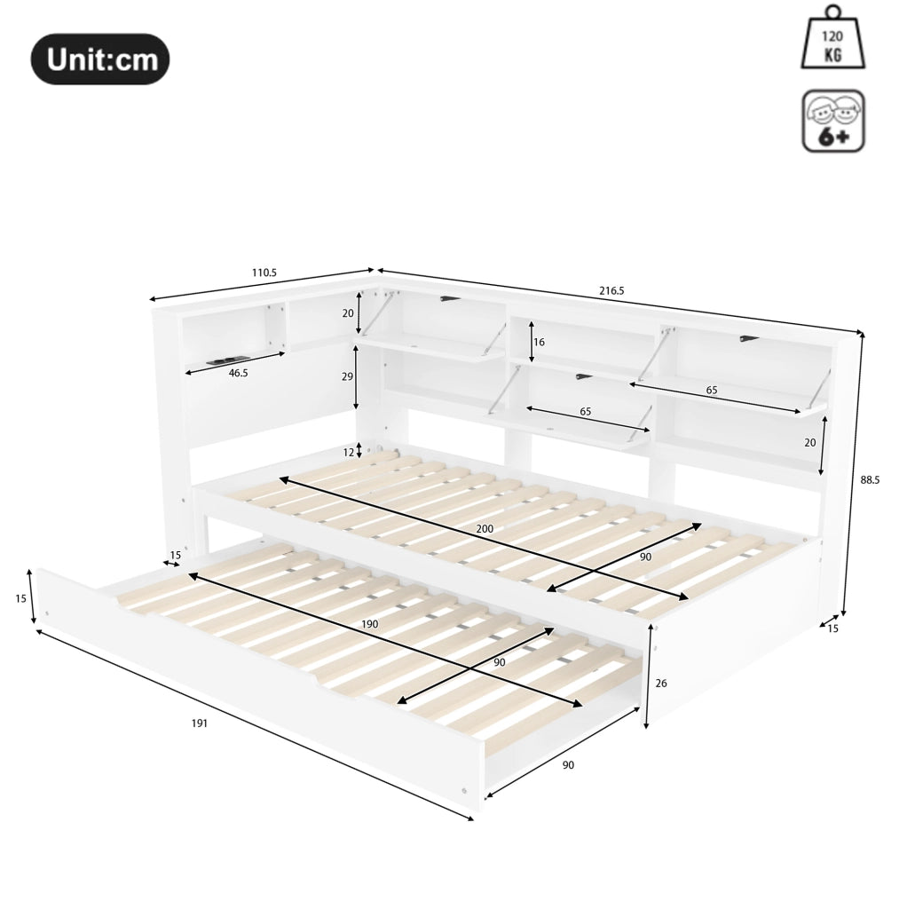 Divano letto 216,5x110,5x88,5 cm estraibile con contenitore, USB e USB-C, in legno bianco per piccoli spazi