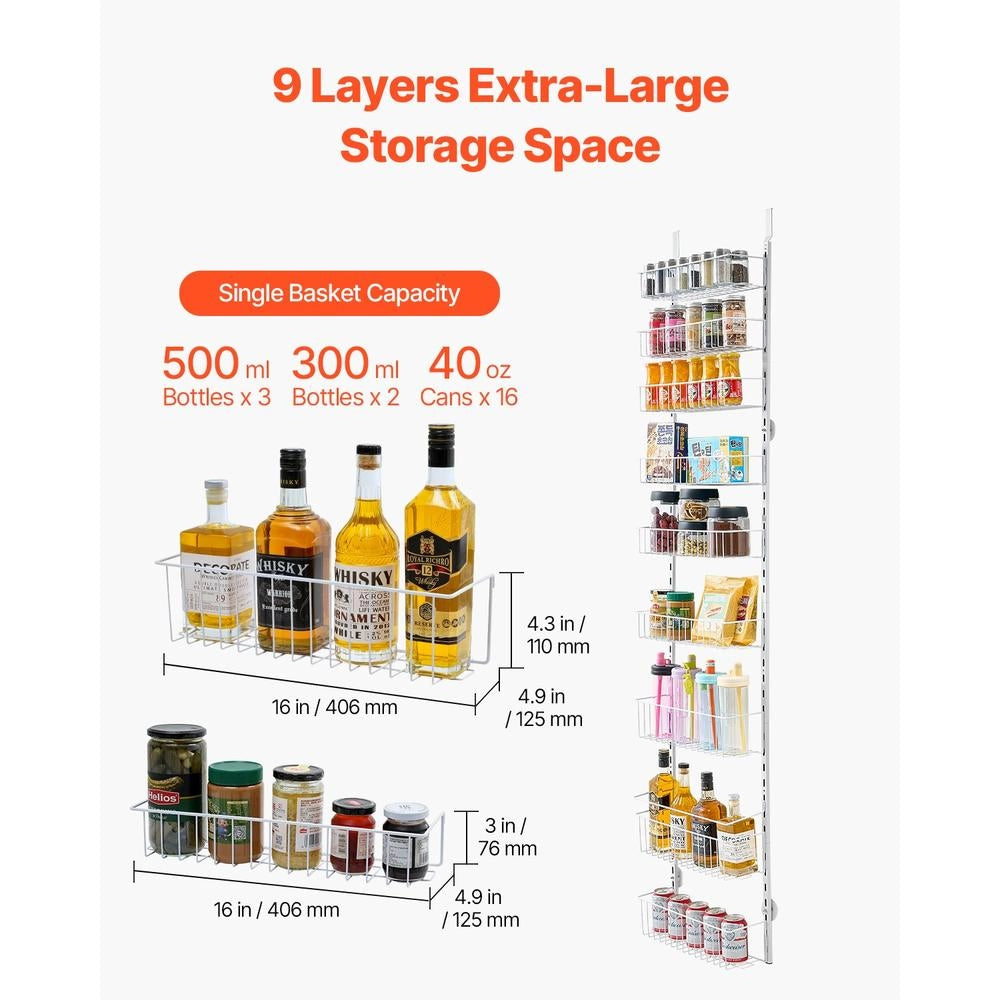 Organizzatore per Dispensa Sopra Porta a 9 Ripiani Regolabili, Scaffale Porta Spezie Sospeso in Acciaio, Salvaspazio per Cucina e Casa, Bianco DPO-9A
