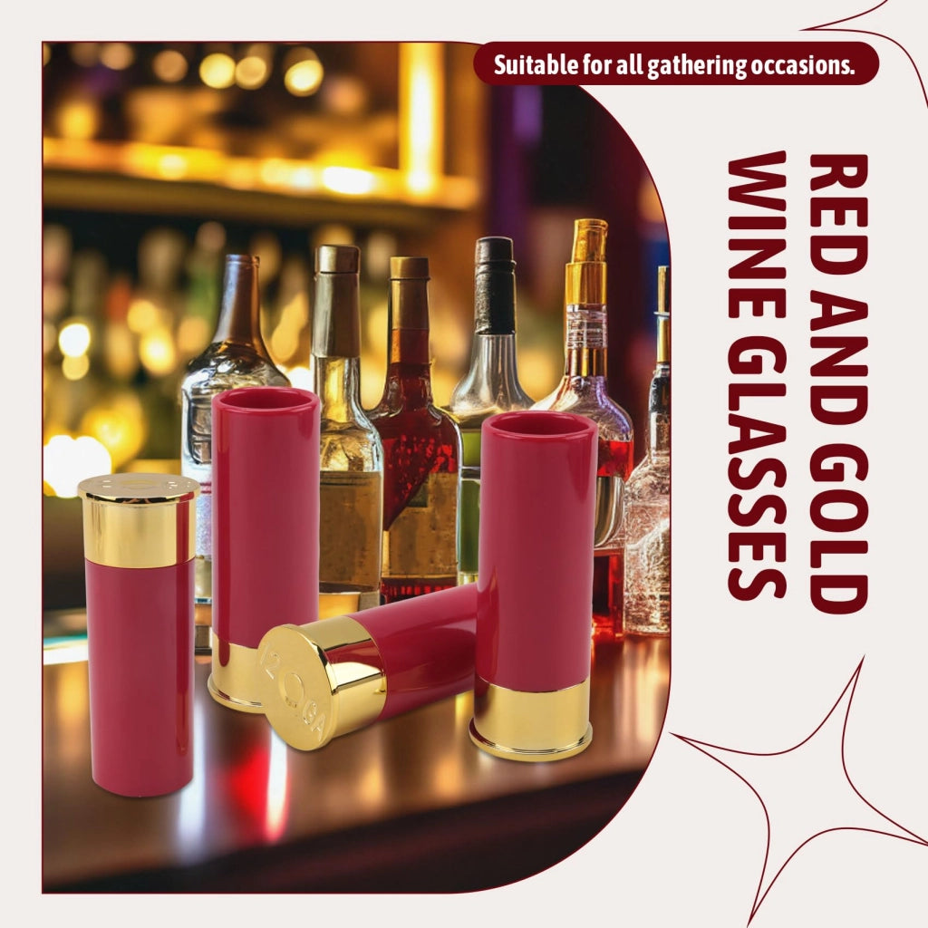 Set di 4 bicchieri da tequila, calibro 12, rosso e oro, 9,2 cm