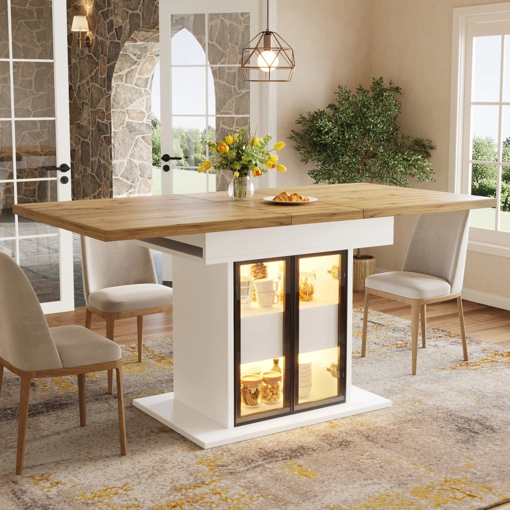 Tavolo da pranzo estensibile con contenitore due cassetti ante scorrevoli in vetro MDF bianco con illuminazione RGB