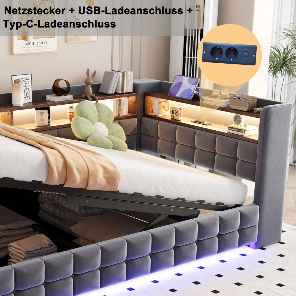 Divano letto imbottito 90 × 200 cm con vano idraulico ripiani LED prese USB e Type C in velluto grigio