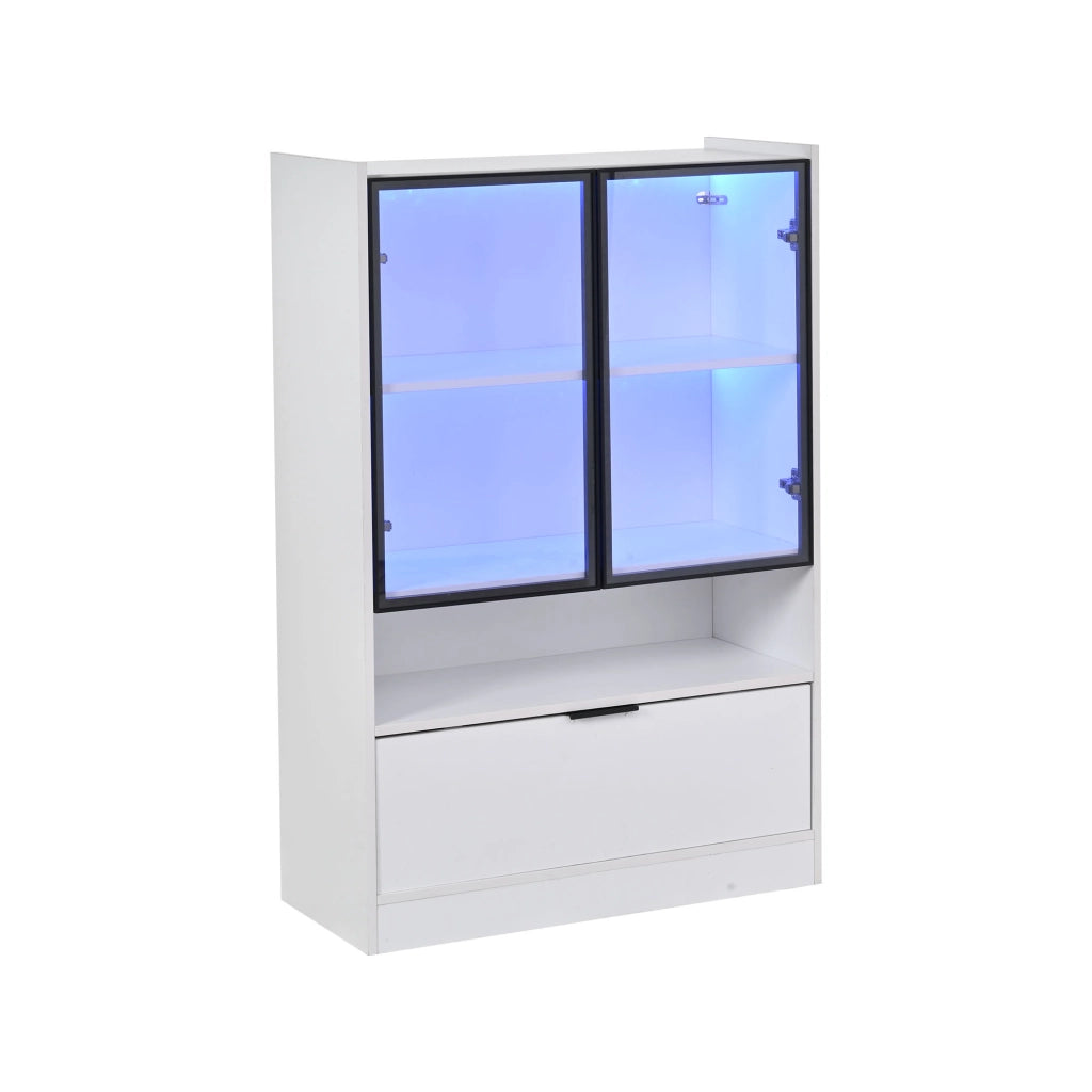 Vetrina con illuminazione LED 80x35x120 cm; ante in vetro e vano ribaltabile; truciolato bianco opaco
