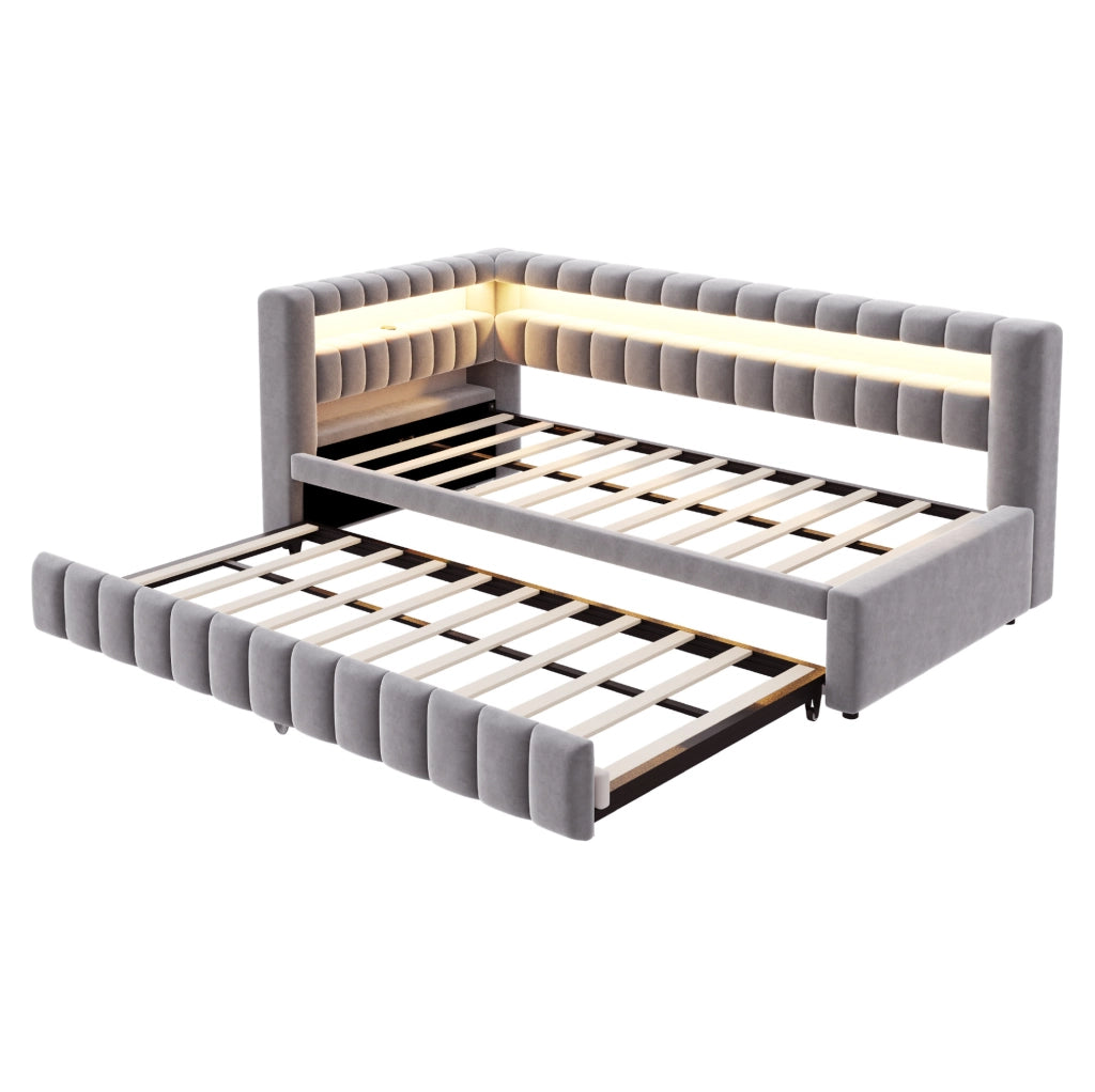 Letto imbottito trasformabile 90x200 cm con LED, USB e ripiani integrati, velluto grigio chiaro