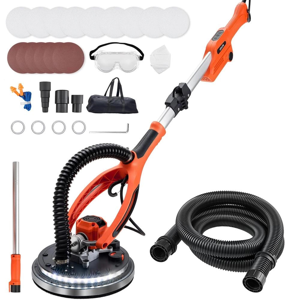 Levigatrice per pareti e cartongesso 950 W con luce LED a 360°, 7 velocità regolabili, manico pieghevole estensibile, 15 dischi abrasivi
