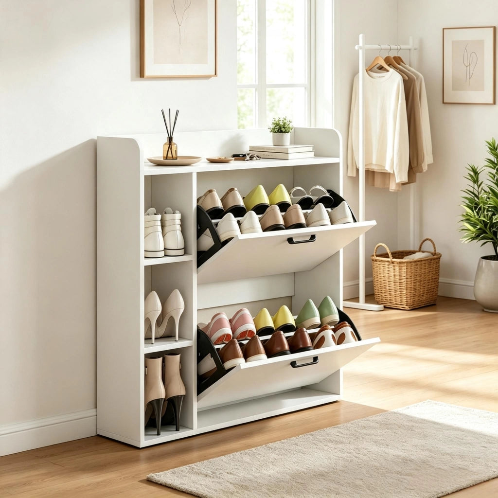 Scarpiera fino a 15 paia con 2 vani a ribalta e ripiani regolabili 83 × 24 × 90,5 cm in pannello truciolare bianco