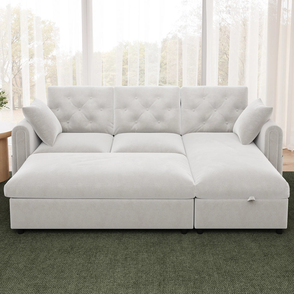 Divano 219x131 cm con chaise longue e pouf contenitore; schienale trapuntato; tessuto beige