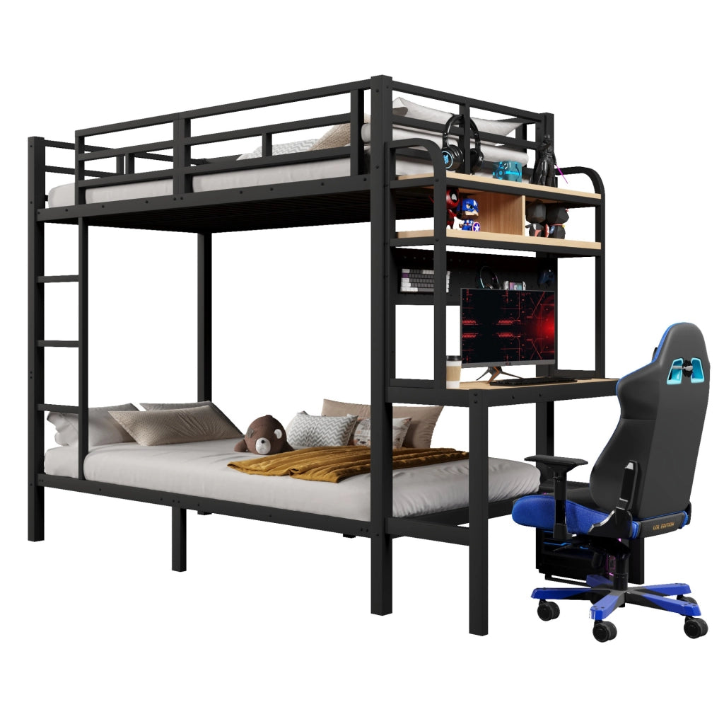 Letto a Castello in Ferro 90x200 cm con Scrivania, LED, USB e Spondine di Sicurezza Nero