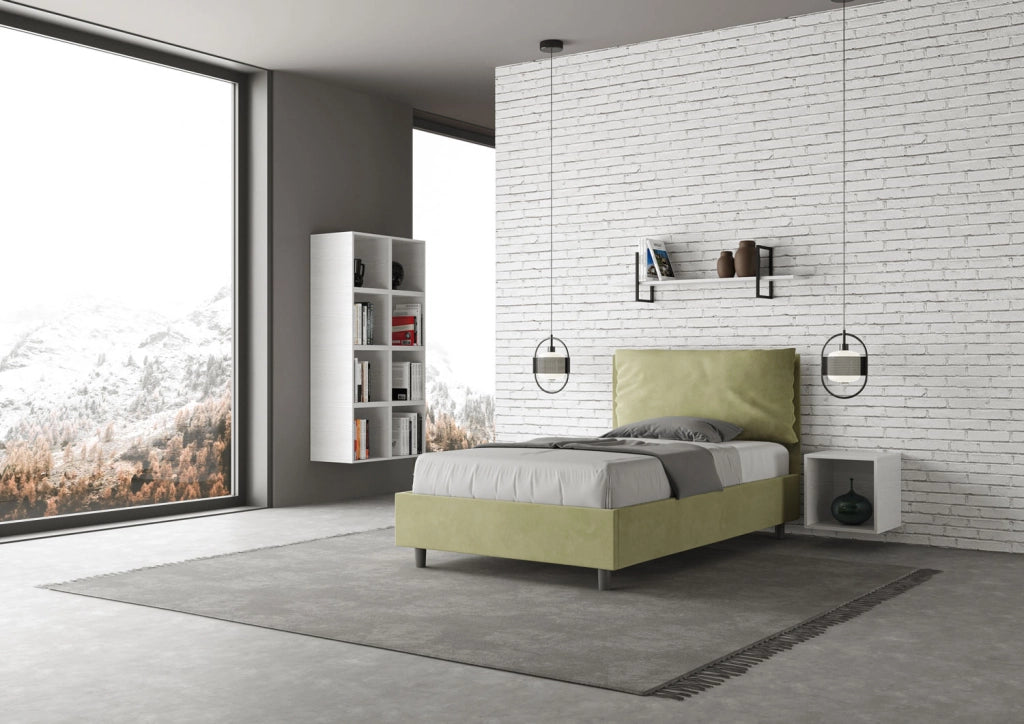 Letto una piazza e mezza rivestito in Microfibra con cuscini xl 110x200 Con Rete Antea Large Tè verde