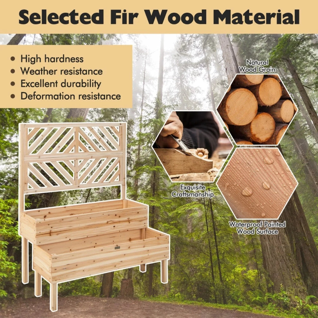 Fioriera Rialzata a 2 Livelli con Spalliera in Legno di Abete Naturale Fioriera da Giardino ed Esterno con Drenaggio