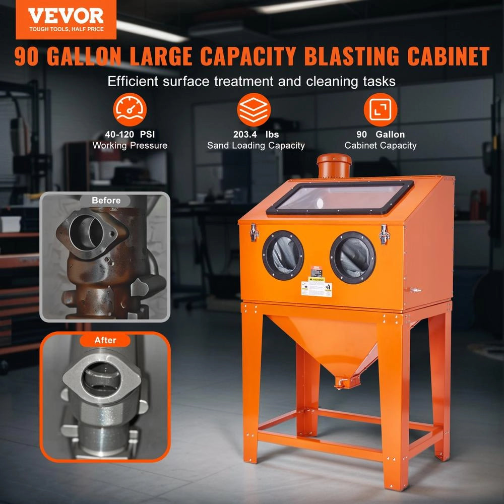 Cabina di Sabbiatura SBC220BF da 90 Galloni in Acciaio, Sabbiatrice per Officina 40-120 PSI con Supporto e 4 Ugelli in Ceramica per Fai da Te