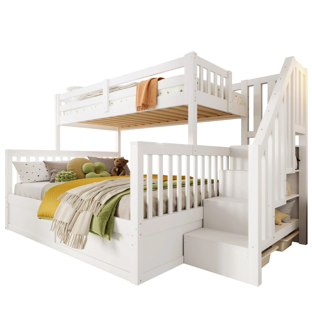 Letto a castello per bambini 90x200+140x200 cm; con contenitore idraulico e scala portaoggetti; bianco; senza materassi