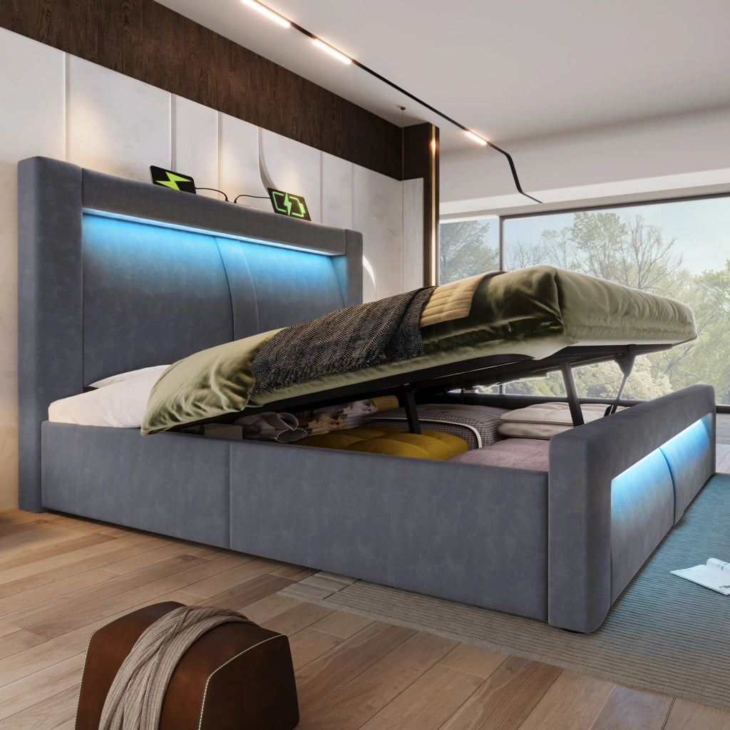 Letto contenitore 180 × 200 cm con LED; USB e Type-C; velluto grigio