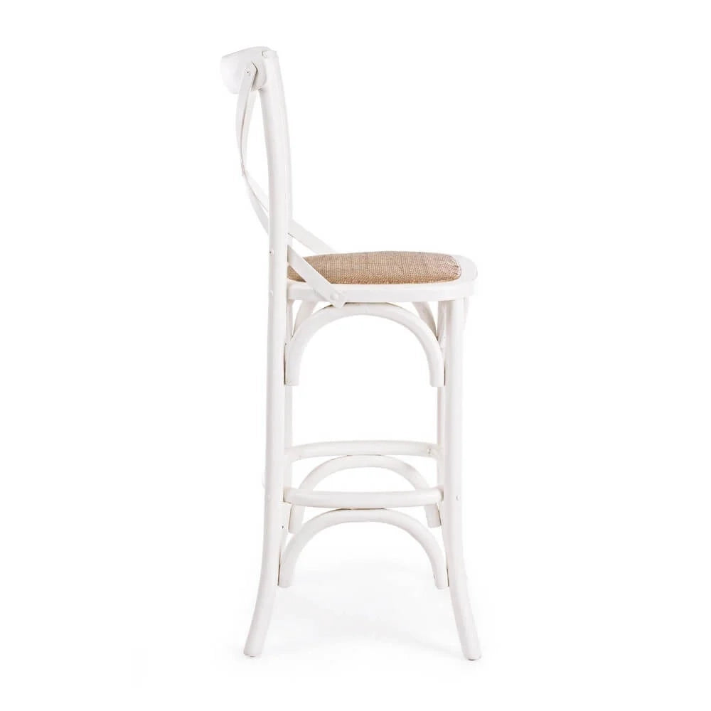 Sgabello da Bar in Legno di Olmo con Seduta in Rattan Cross Bianco