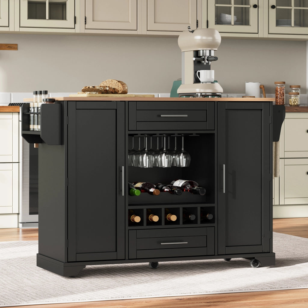 Carrello da cucina su ruote 138 × 45 × 92 cm con piano pieghevole armadietti cassetti portabottiglie nero naturale