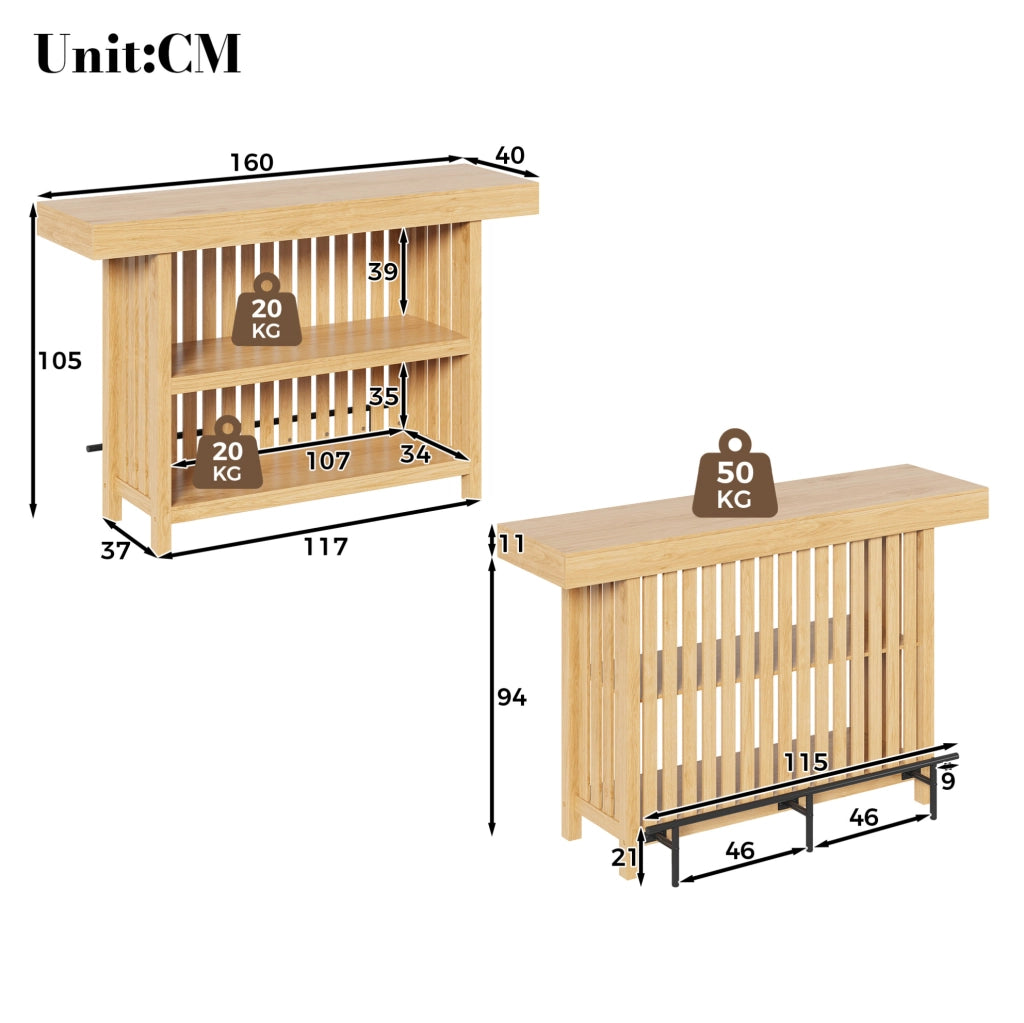Tavolo da bar compatto con poggiapiedi e ripiani a due livelli, 160x40x105 cm, MDF, ideale per cucina e zona giorno